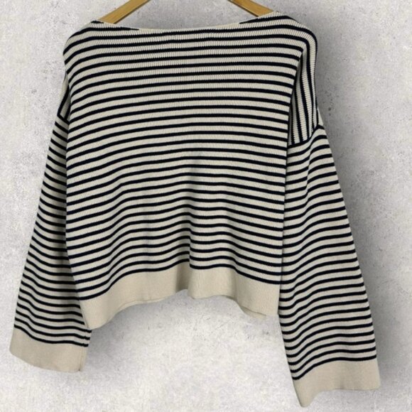 Sezane Daisy Jumper Sweater Natural Navy Blue Striped Size Large Gold Buttons - Picture 5 of 14